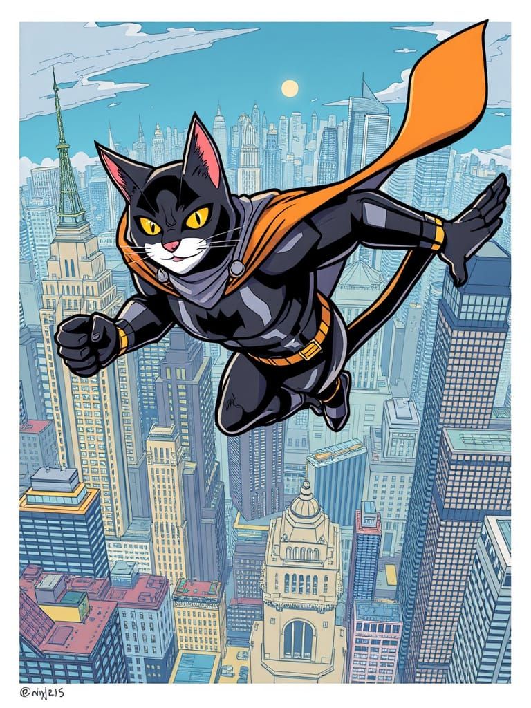 Superhero Cat Soaring Over Metropolis