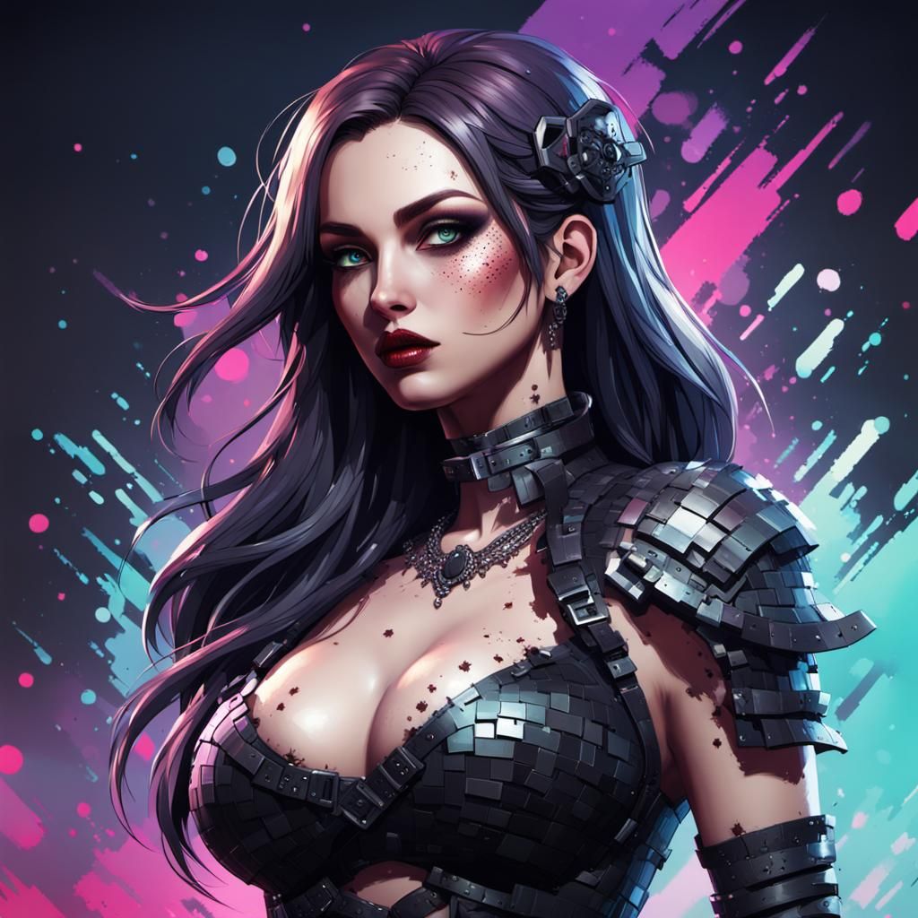 Pixelated Gothic Model in Hyperrealistic Splash Art