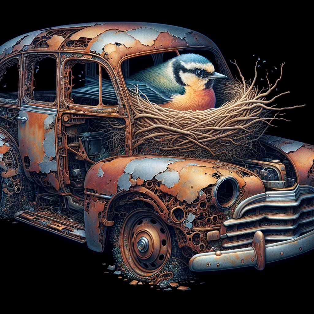 Bird's Nest in Rusted Car, Watercolor Painting