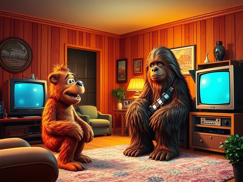 Alf and Wookiee Chat in a Retro 80s Living Room