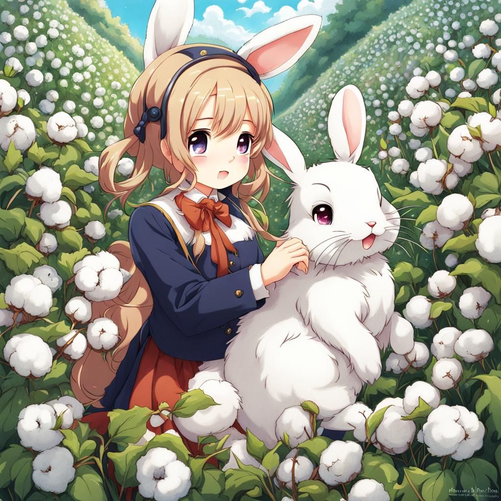 Cute Rabbit in Cotton Field: Anime Style