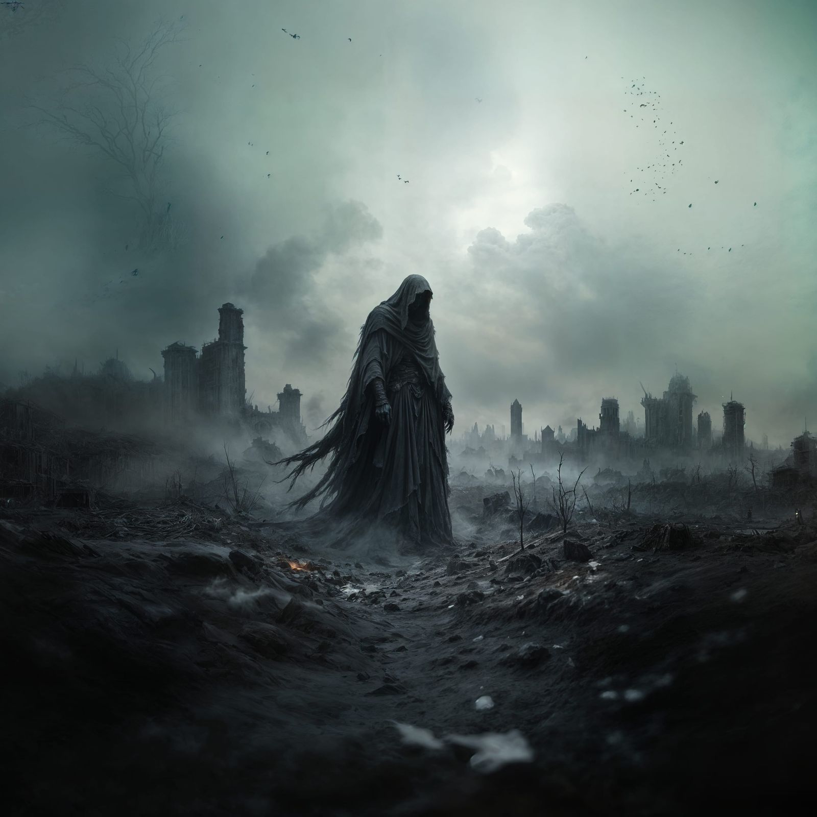 Ethereal Wraith Haunts Battlefield in Digital Painting