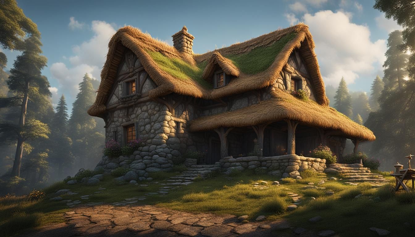 Rustic Stone House with Straw Roof in Forest