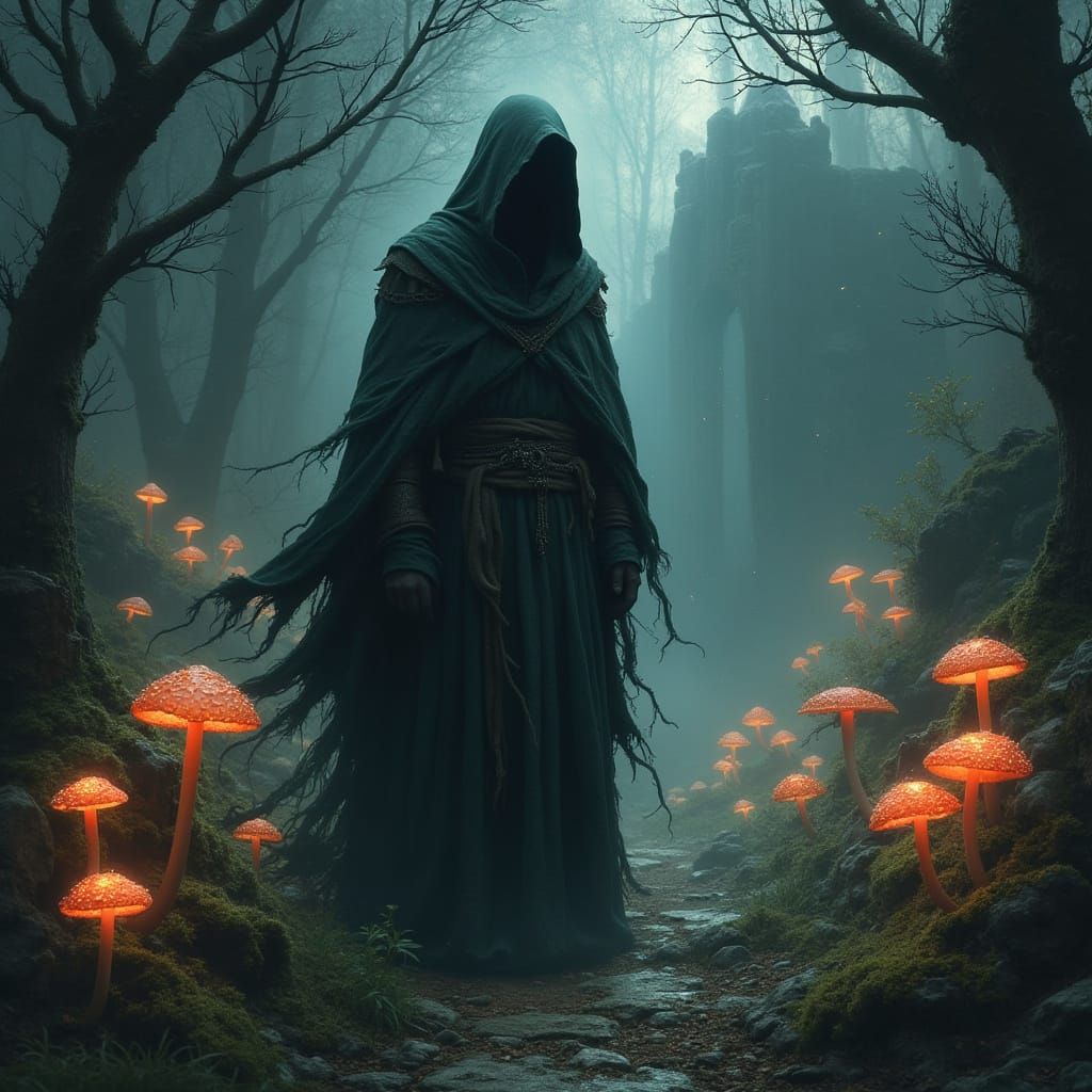 Mysterious Hooded Figure in Dark Fantasy Forest
