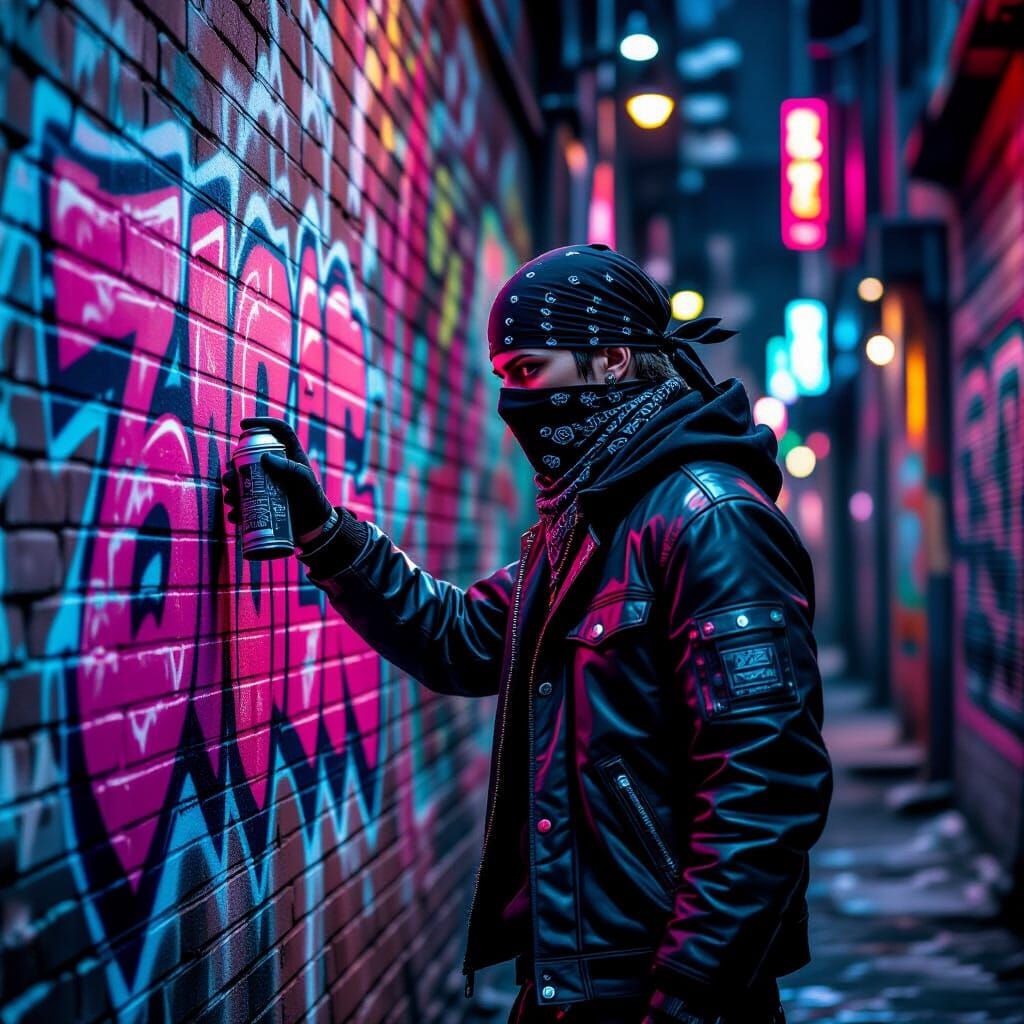 Cyberpunk Street Artist Mural in Urban Alleyway