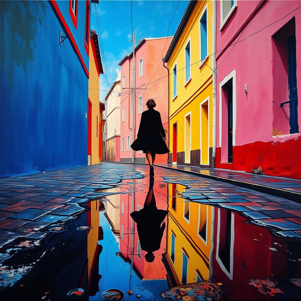 Vibrant Alleyway Reflection in Abstract Expressionist Style