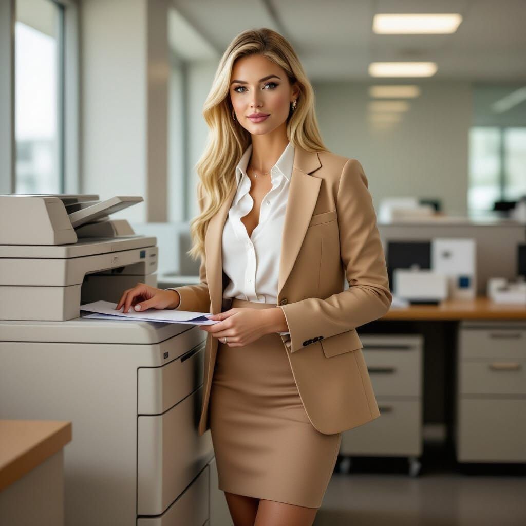 Blonde Woman in Tan Office Attire at Copy Machine