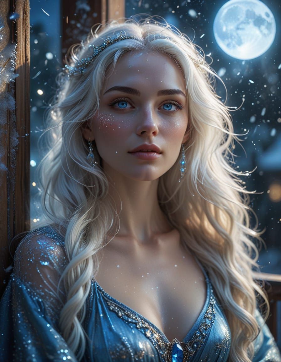 mysterious beautiful woman with glowing blue diamand eyes, soft pale skin, long flowing white hair, standing on a moonli...