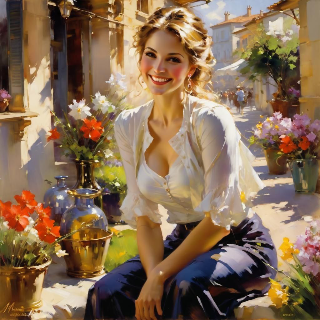 Happy Woman in Spring, Romantic Realism Style