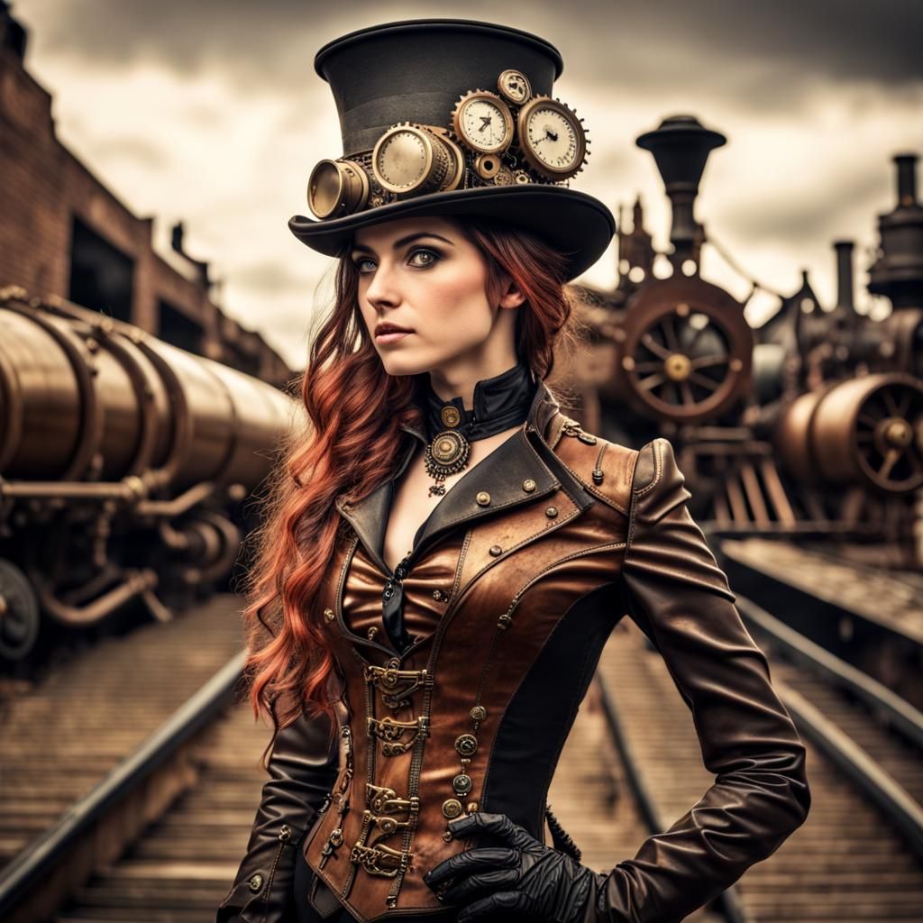 Beautiful Steampunk Woman in Steampunk Landscape