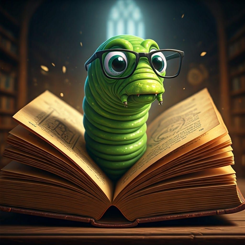 Green Worm Emerges from Book in 8K