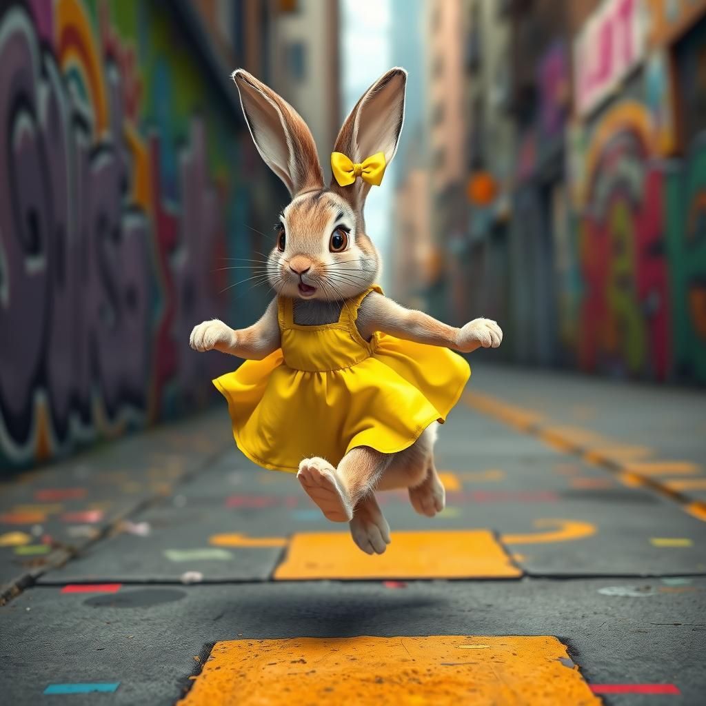 Bunny Hopscotch in Hyperrealistic Graffiti Cityscape