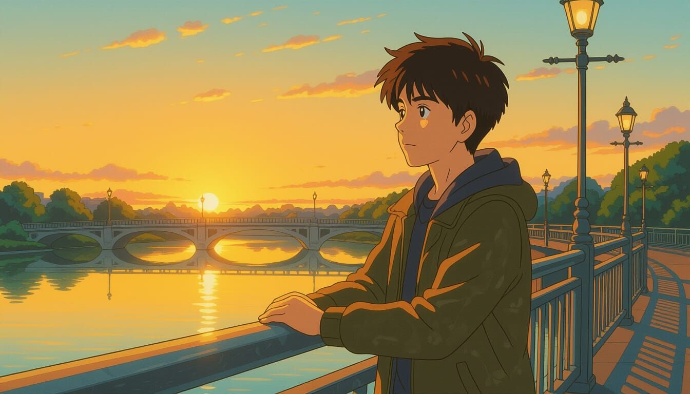 Young Man on Bridge at Golden Hour, Studio Ghibli Anime Styl...