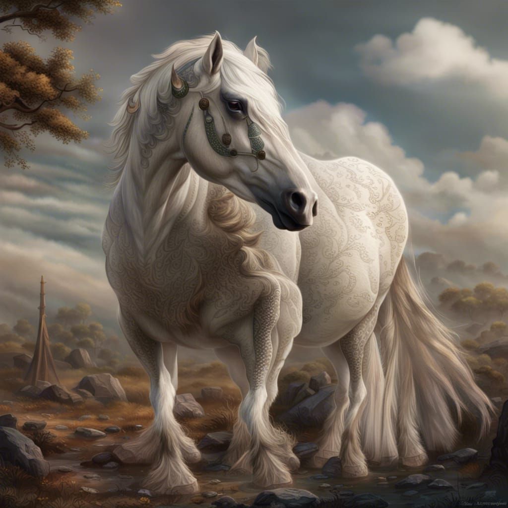 White Horse with Brown Spots in Detailed Matte Painting