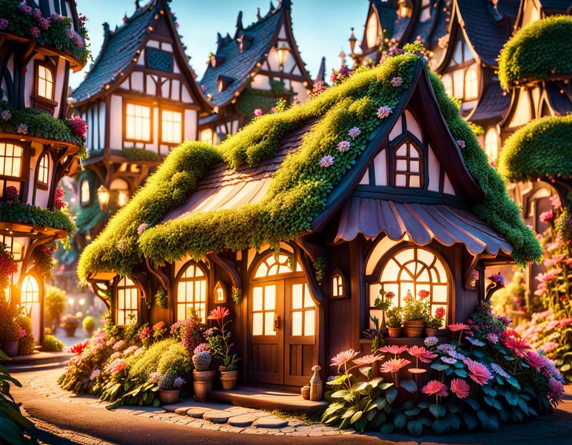 Magical Fairy Village with Oversized Plants