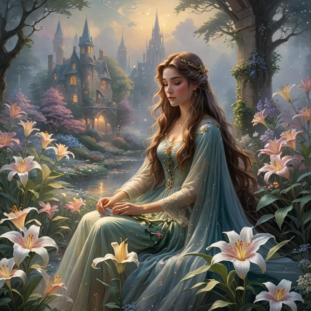Ethereal Woman Crafting Lilies in Hyperdetailed Style