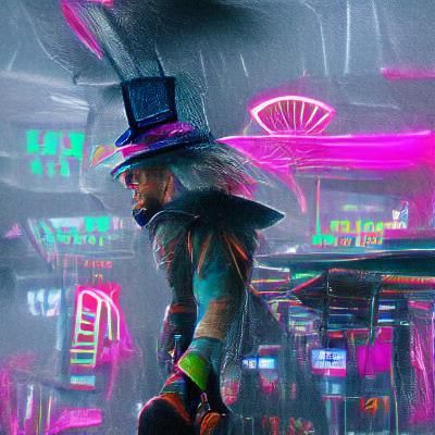 Cyberpunk Mad Hatter in Neon Cityscape