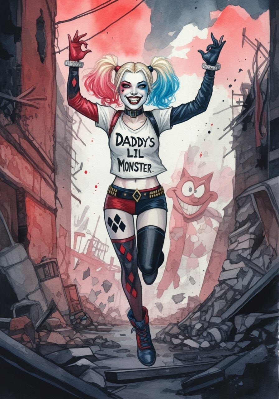 Harley Quinn in Comic Book Watercolor Style
