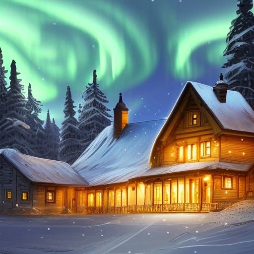 Snowy Tavern: Detailed Digital Illustration