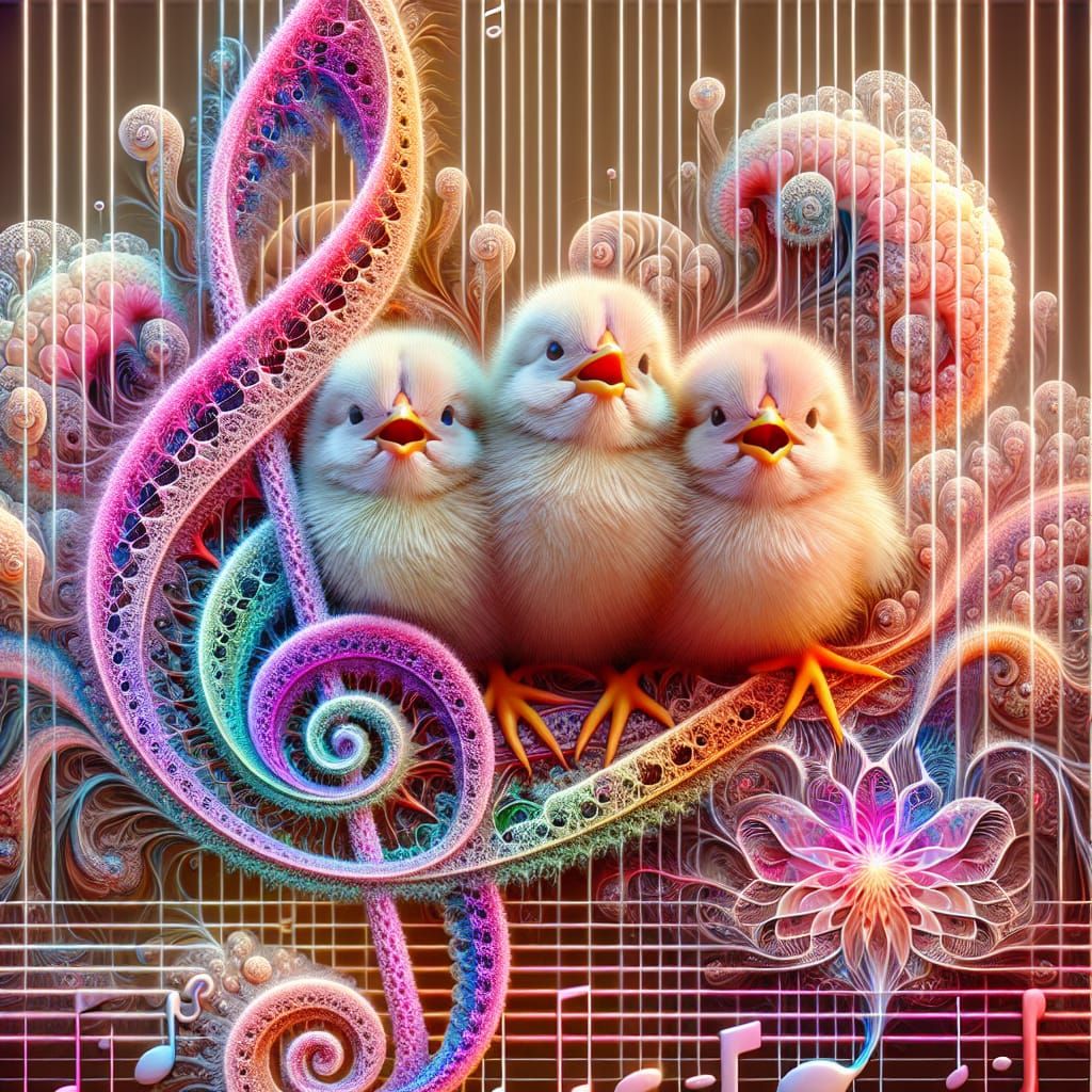 Musical Chicks in Rainbow Fractal Neon Style
