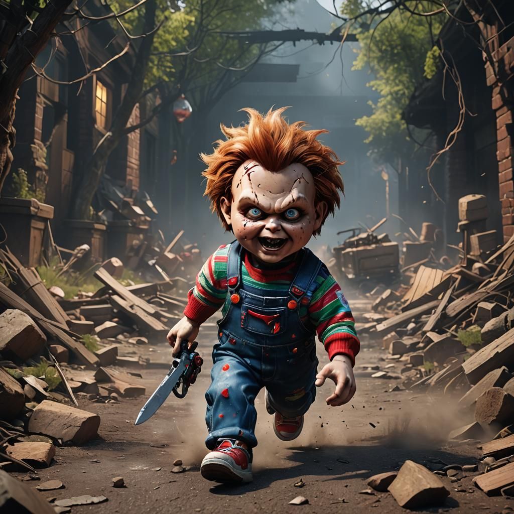 Detailed Matte Painting of Chucky in Pursuit