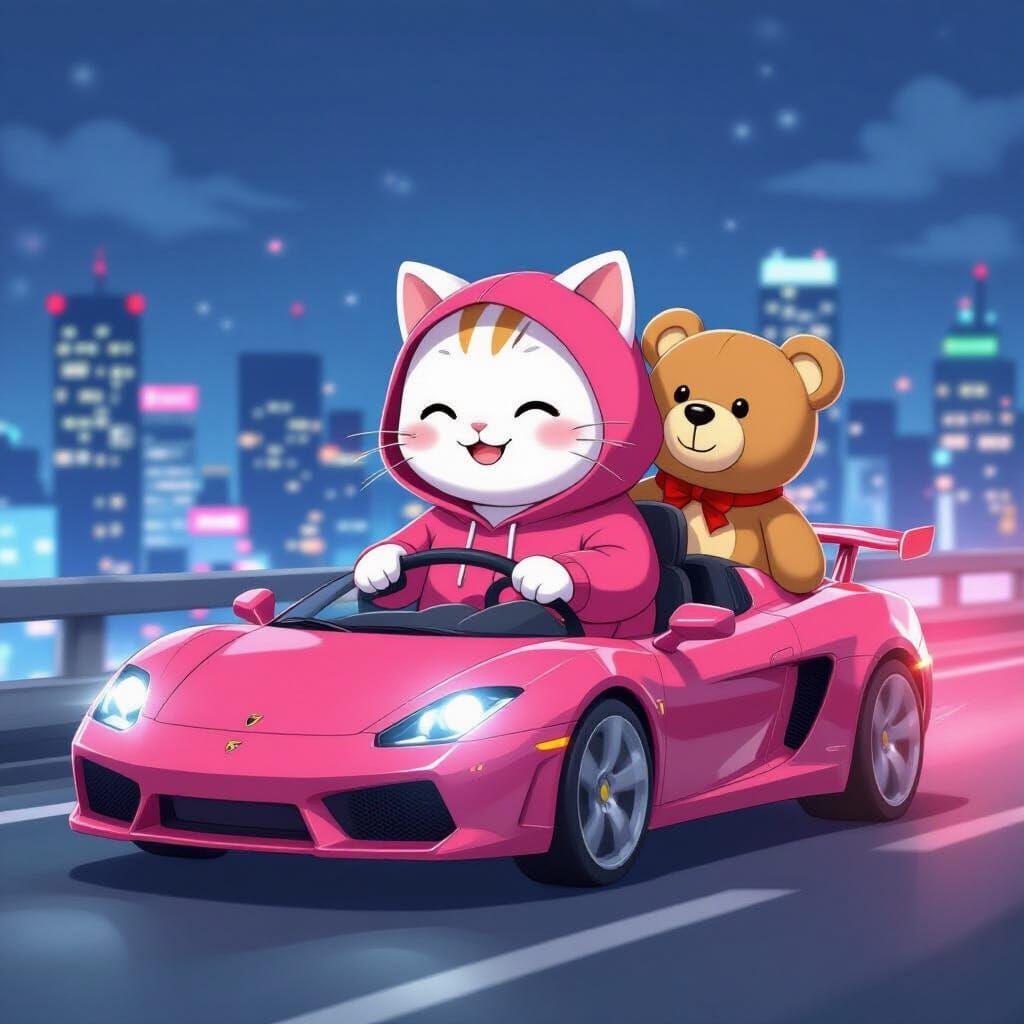 Cat and Bear's Night Drive in Anime Style