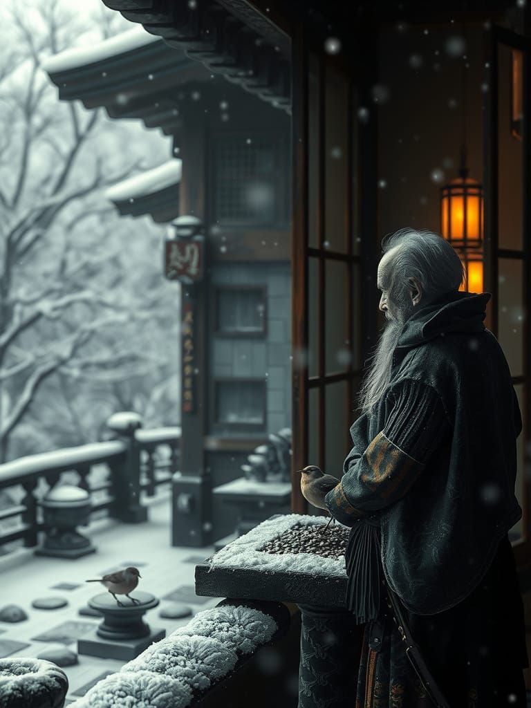 Winter's Serenity: An Old Samurai's Whimsical Gaze