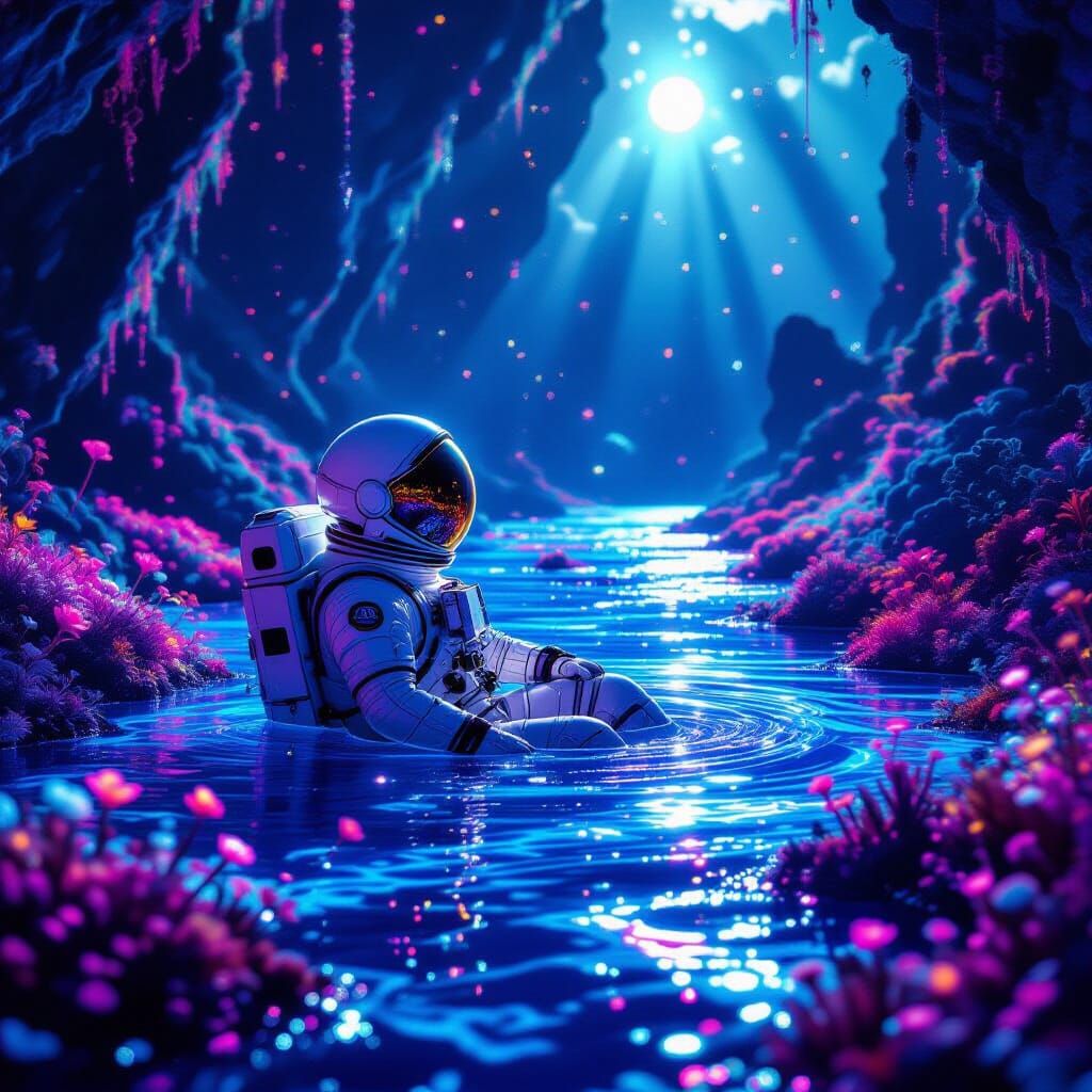 Astronaut Adrift in Alien Bioluminescent Ocean