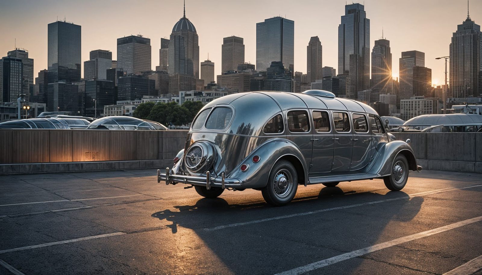 Buckminster Fuller Dymaxion Car in Futuristic Cityscape
