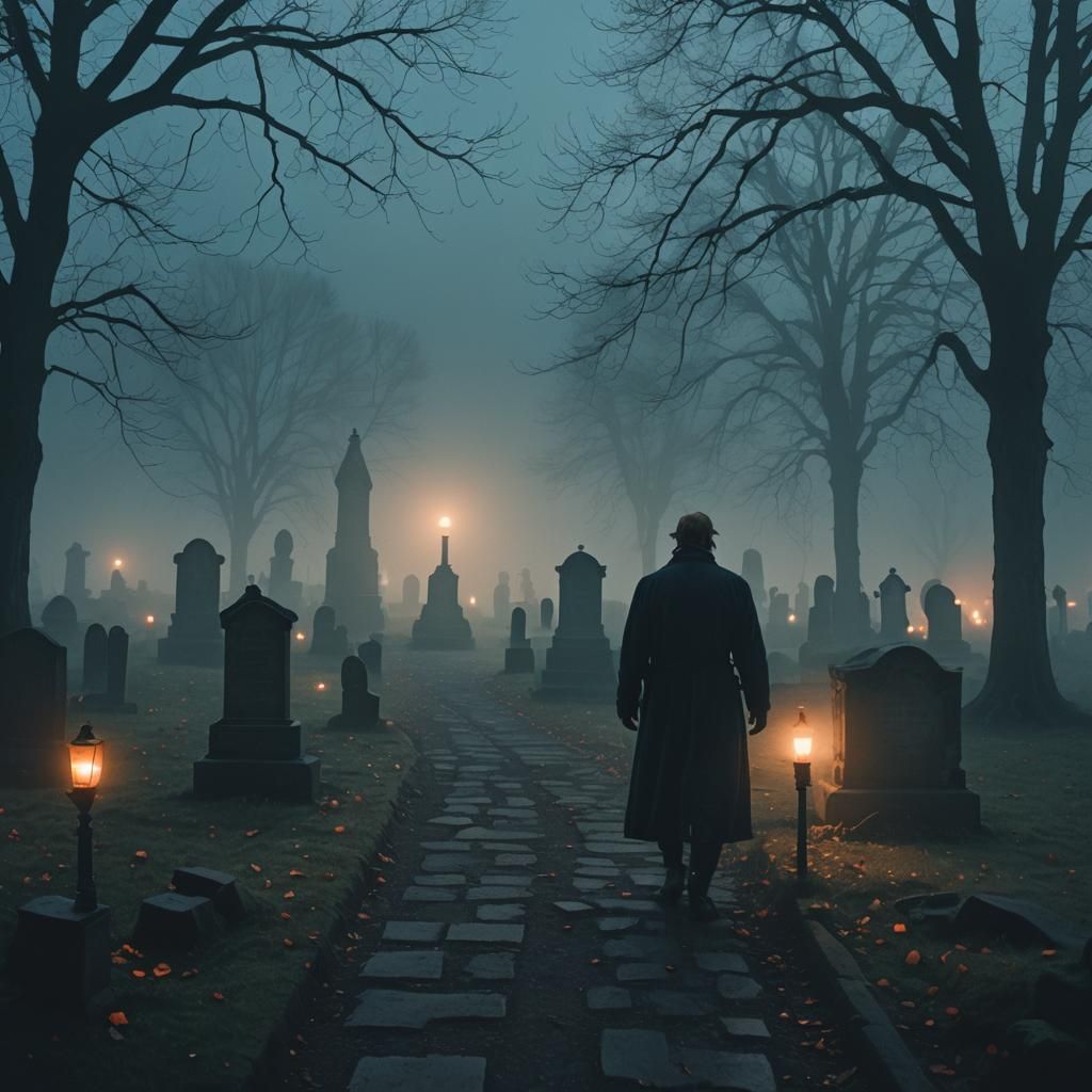 Mystical Figure in Fog-Shrouded Cemetery at Night