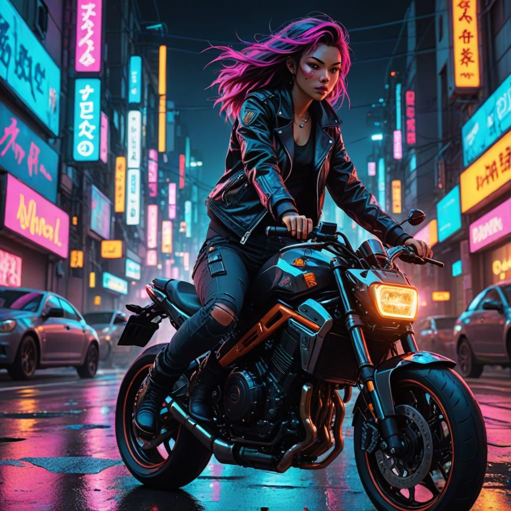 Cyberpunk Anime Art of Teenage Werewolf Biker Girl