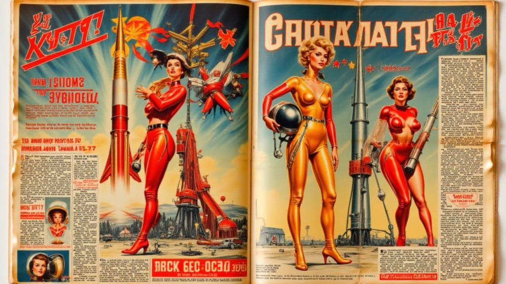 Soviet propaganda newspaper spread, spanning two slightly crumpled, paper-thin pages,