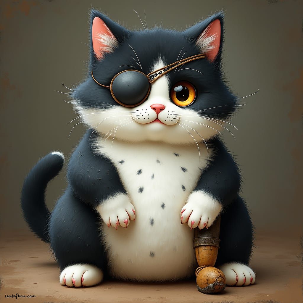 Whimsical Pirate Kitty with Golden Eye and Wooden Leg