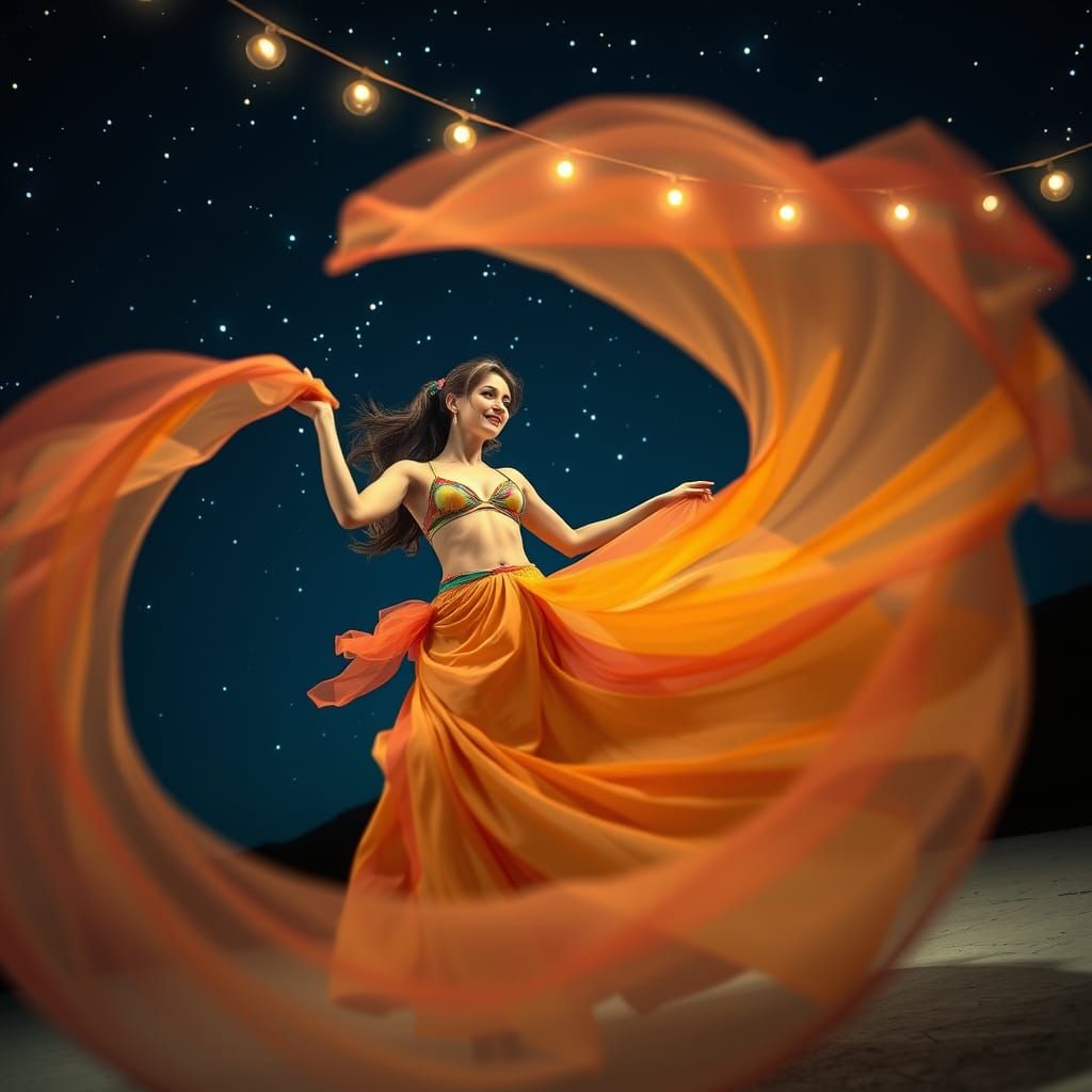 Elegant Woman Dancing Under Starry Sky, Art Nouveau Style