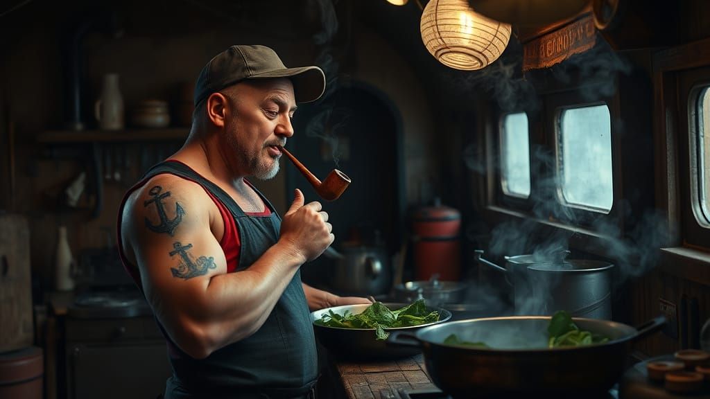 Popeye Cooks Spinach in a Rustic Boat Kitchen