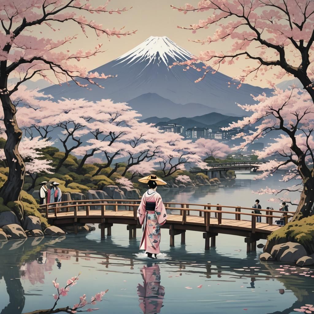 Cherry Blossoms Over Calm River in Ukiyo-e Style