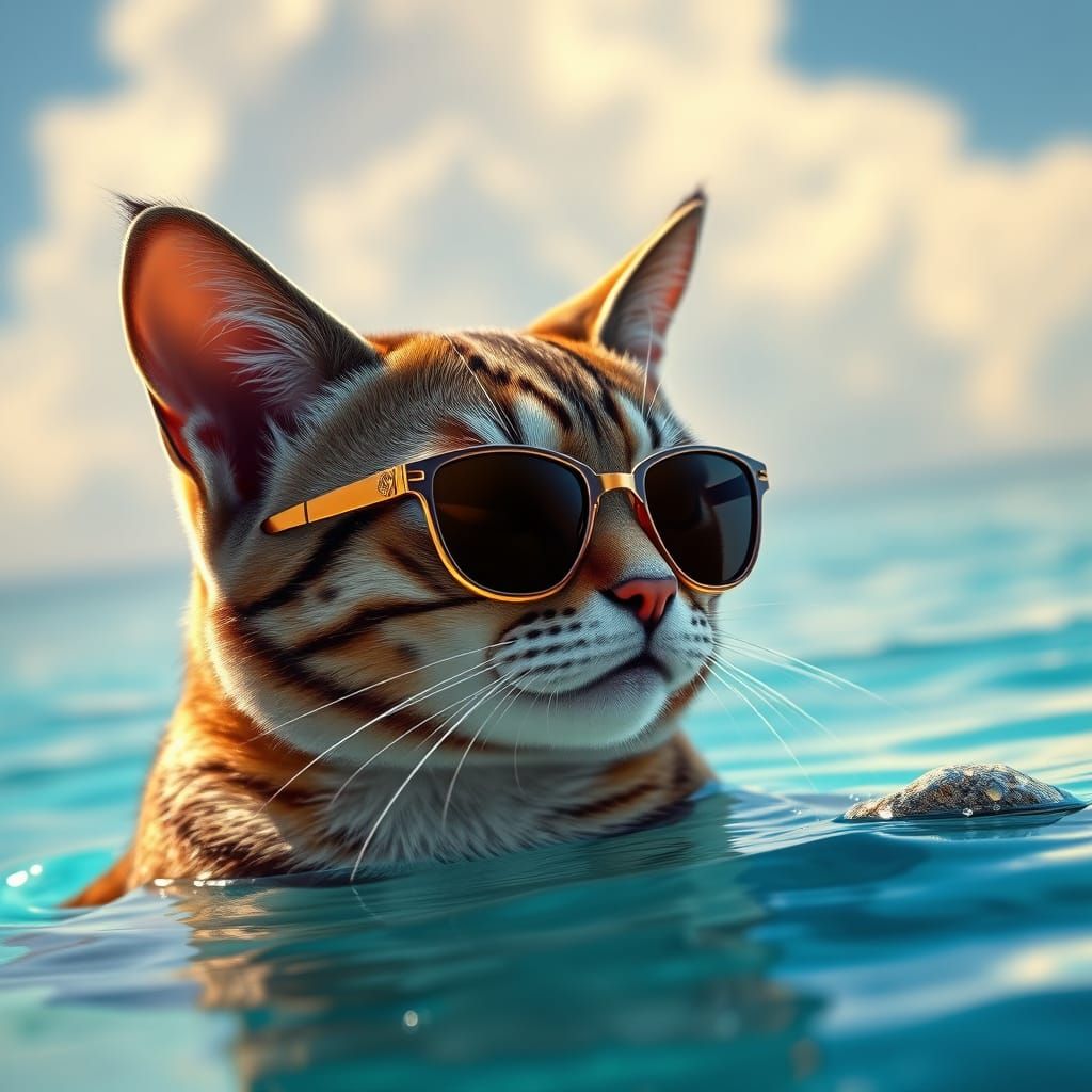 Sunglasses-Wearing Cat by the Pool in a Vibrant, Fantasy Lan...