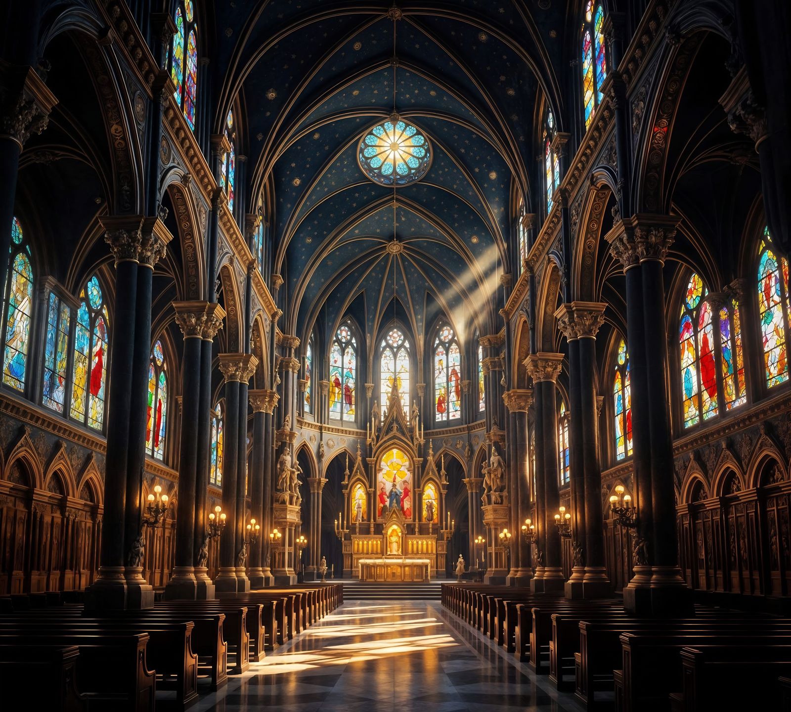 Cathedral Interior with Celestial Stained Glass: Digital Mat...