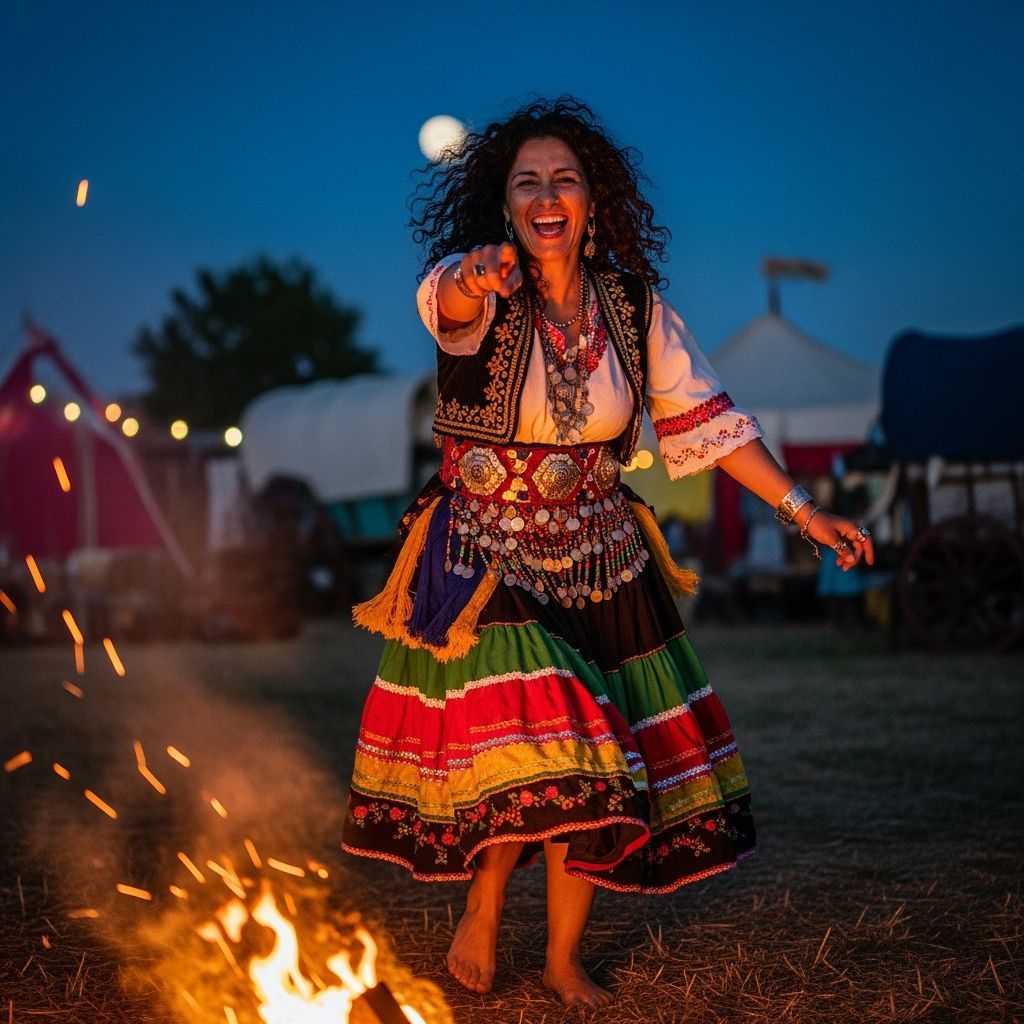 Joyful Romani Dancer by Campfire at Twilight