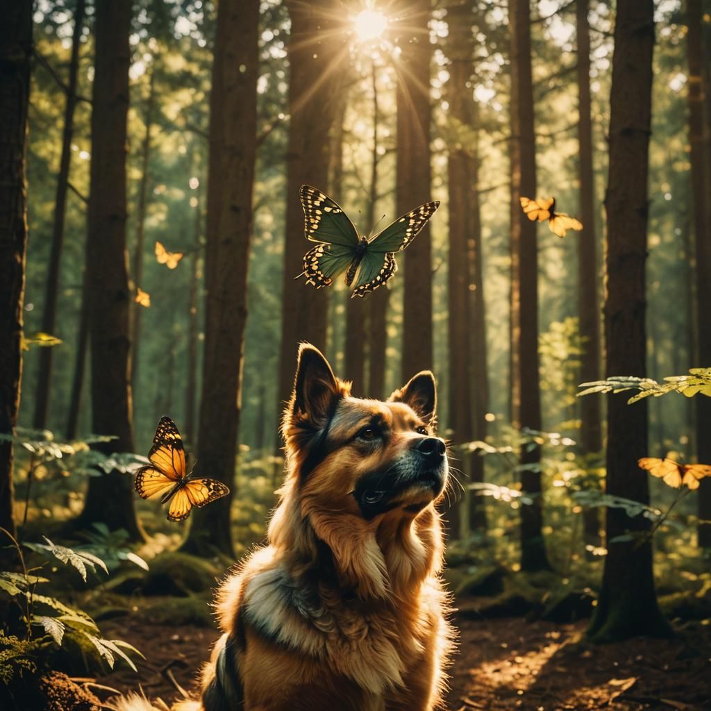 Butterfly and Dog in Forest: Cinematic Still