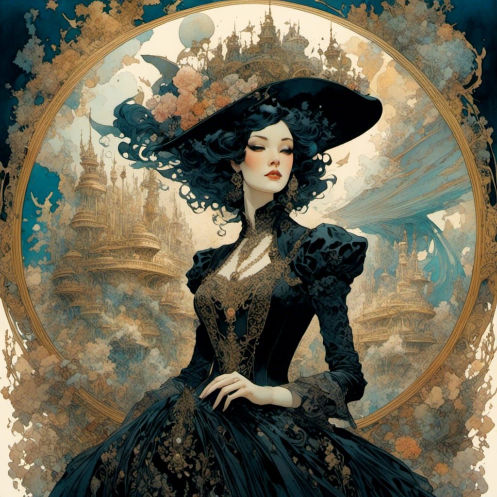 Glam-Goth Time Traveler on Deck in Romantic Watercolor