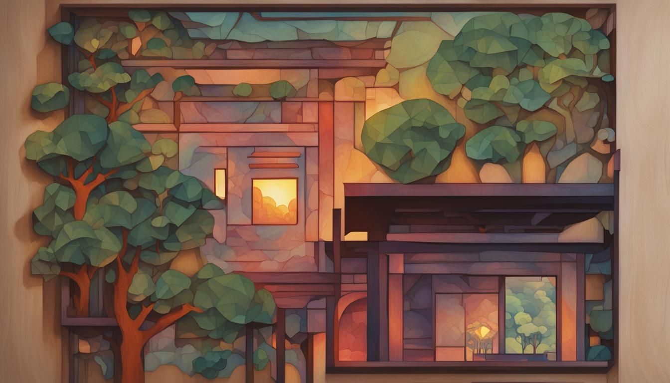 Geometric House in Orchard: Shin Hanga and Cubism