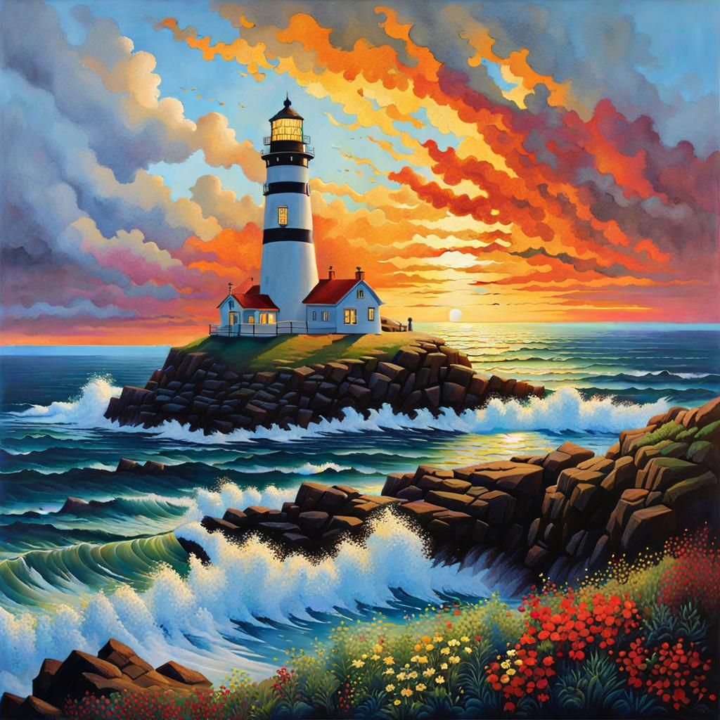 Fantastical Lighthouse Painting on Rough Atlantic Coast