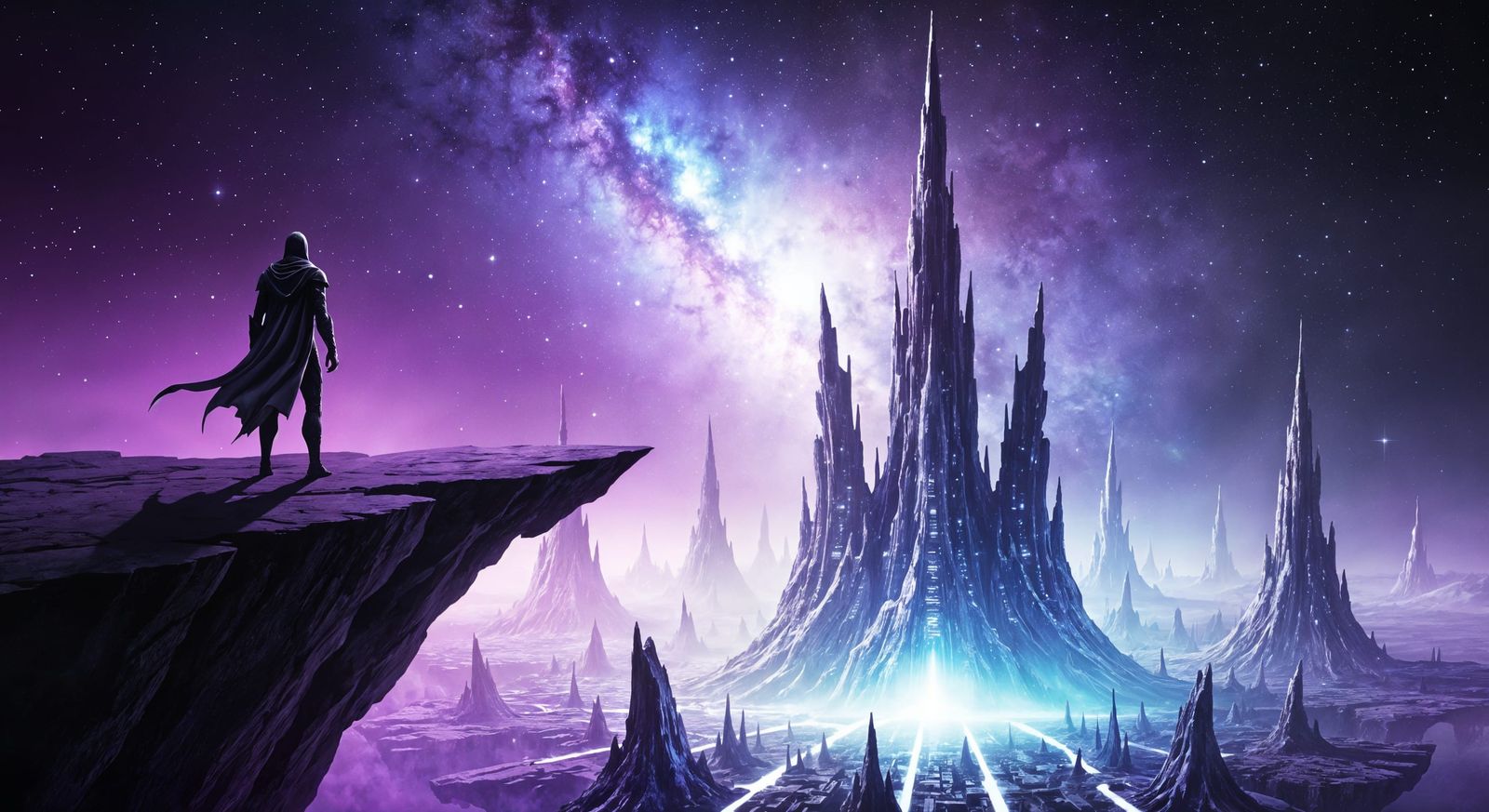 Mysterious Figure Overlooks Cosmic Nebula City