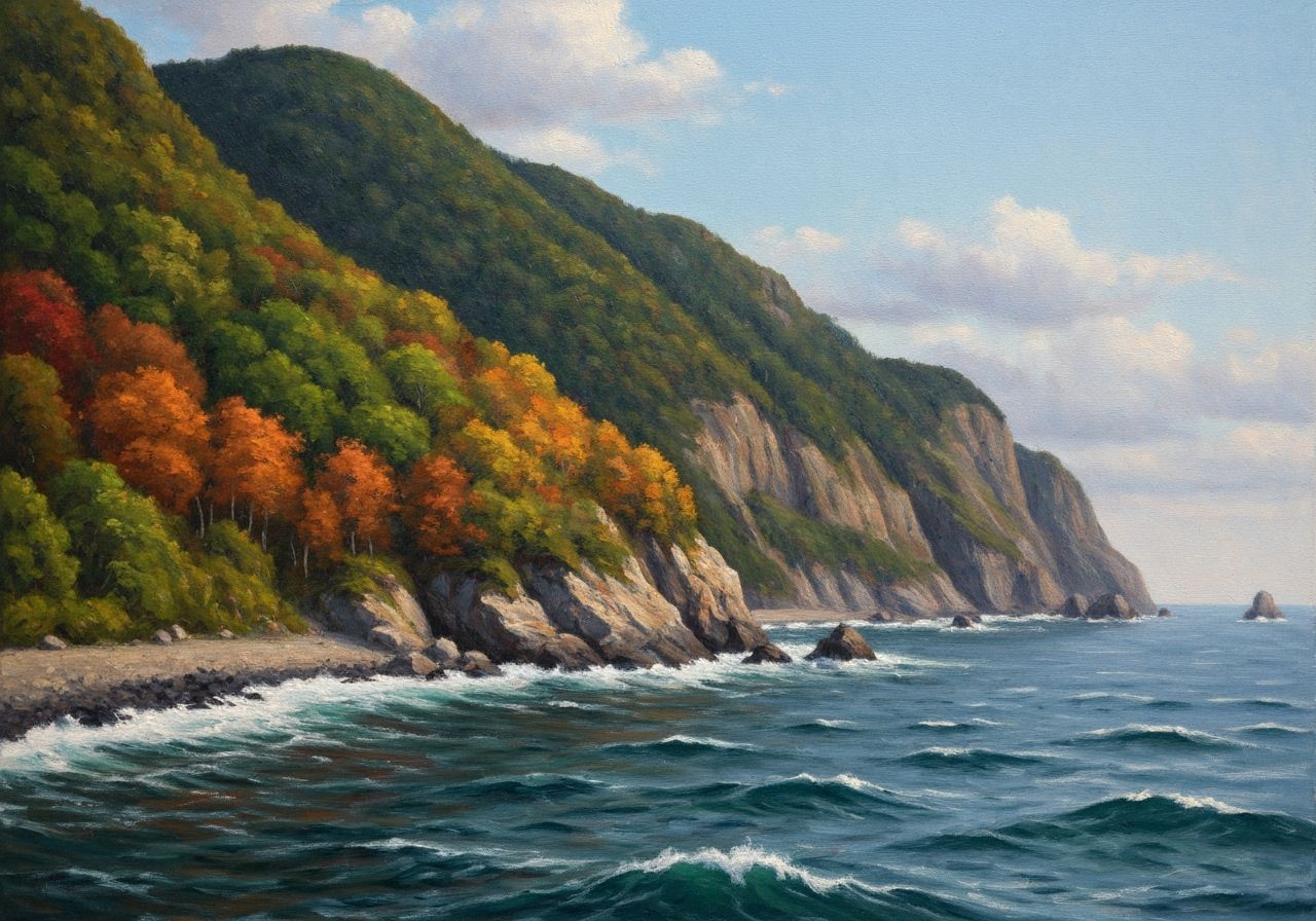 Abstract Landscape Painting of Autumn Mountain Coast