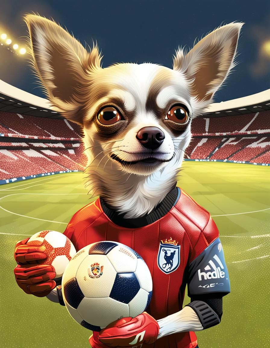 Stylized Premier League Stadium Scene with Chihuahua Goalkee...