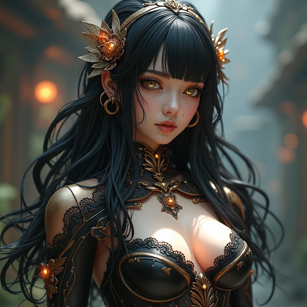 Cyborg Woman in Neo-Victorian Outfit, 3D Anime Art