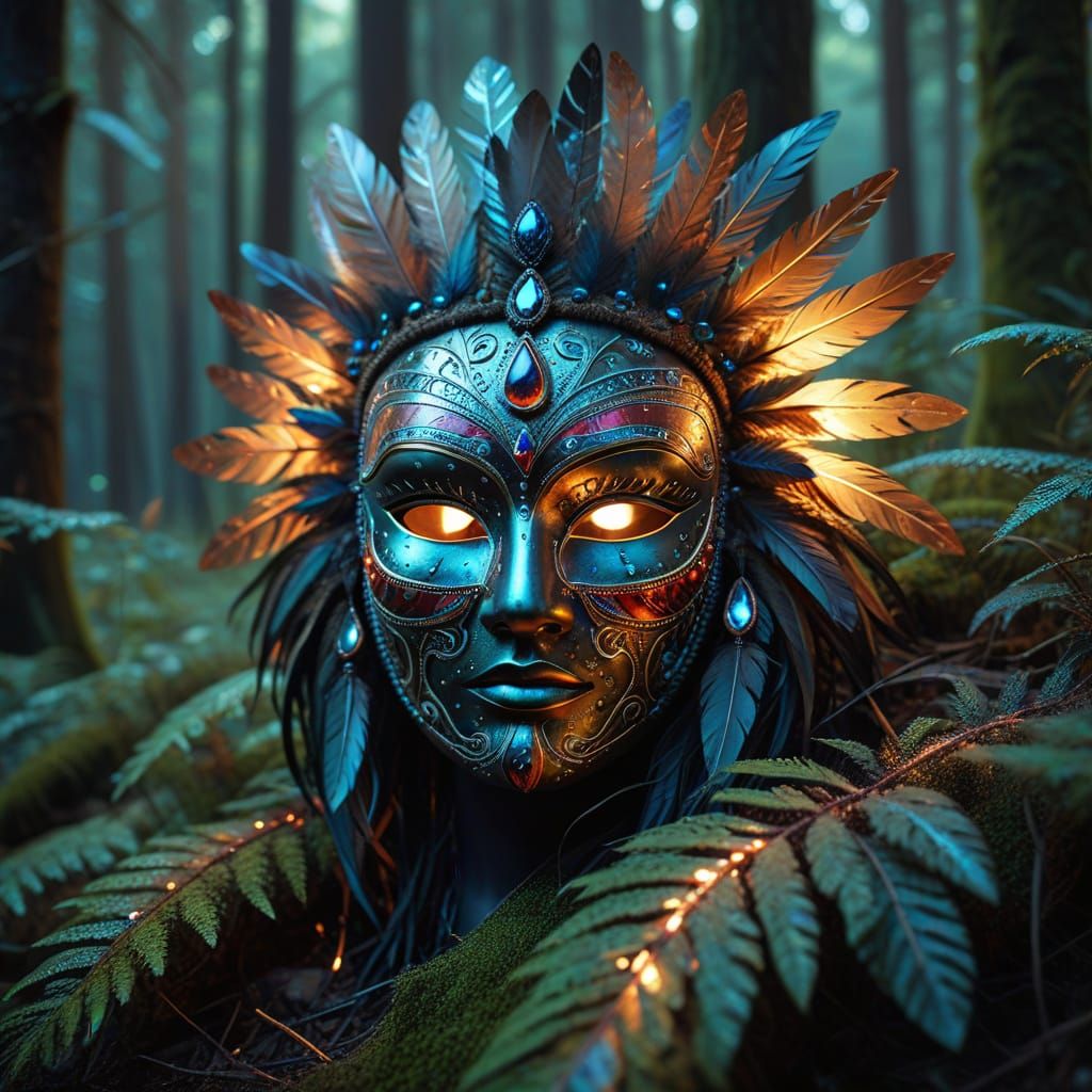 Mystical Forest Mask in Intricate Native Folk Art Style