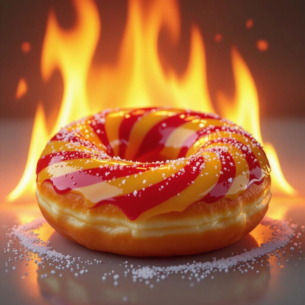 Hyperrealistic Glazed Donut with Fiery Background