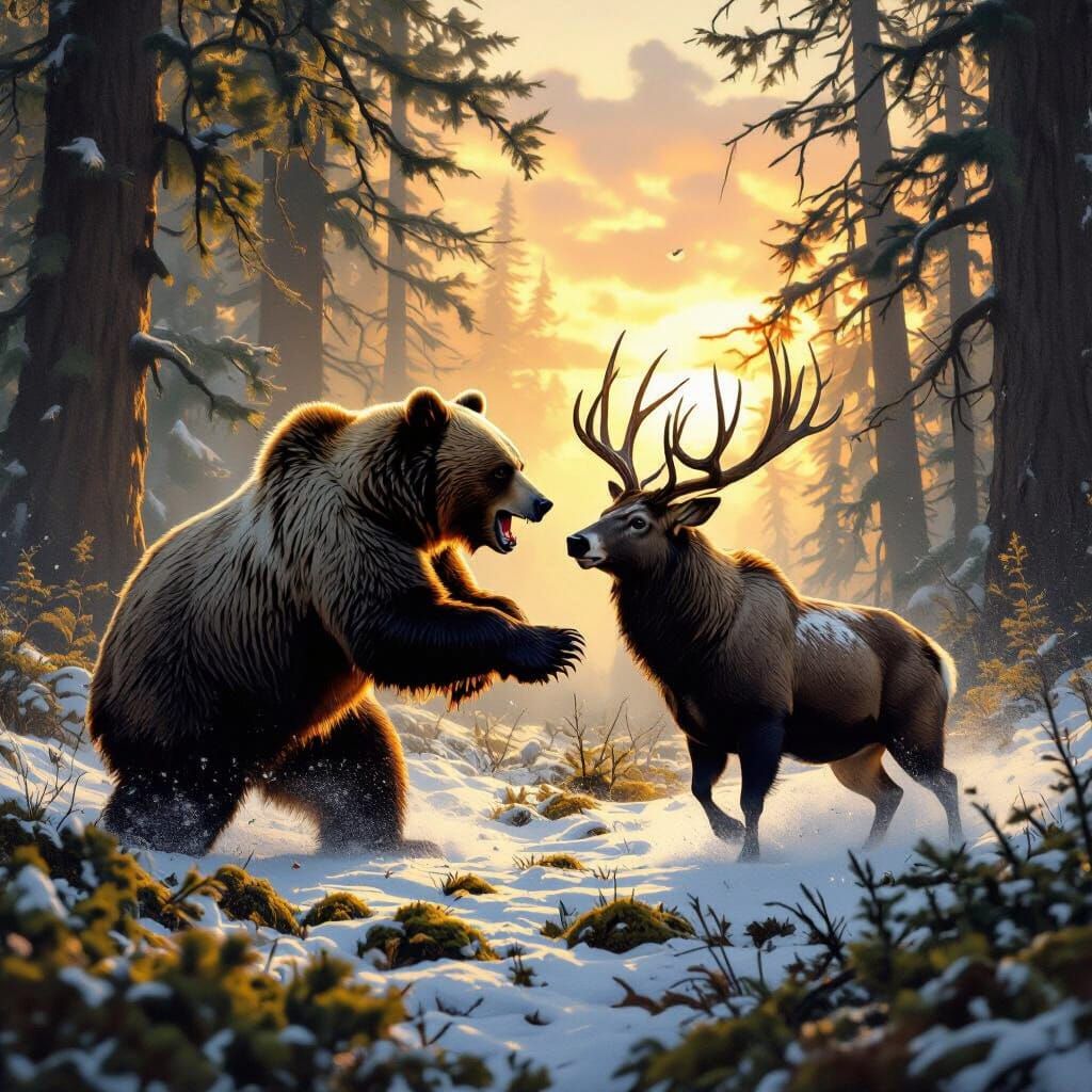 Bear Fights Buck in Snowy Forest at Sunset